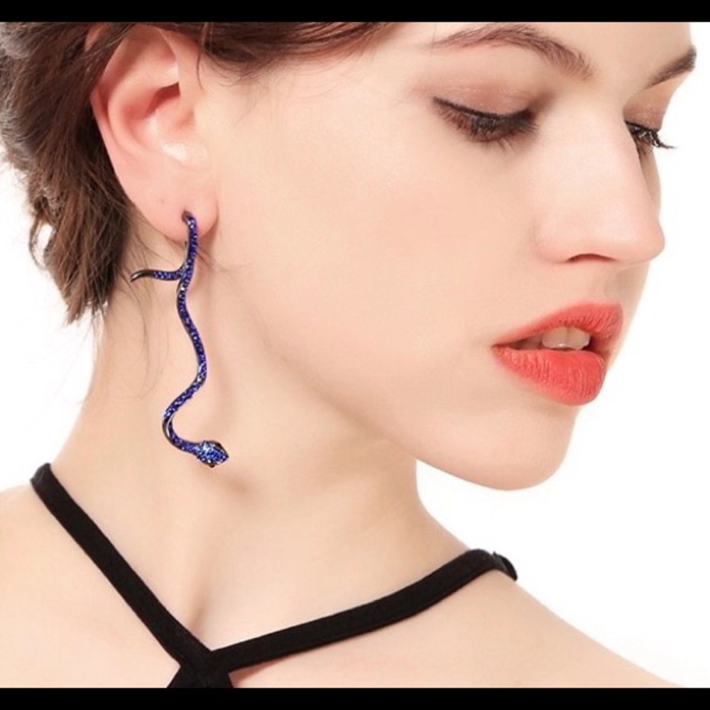 Blue Crystal Snake Dangle Earrings Long